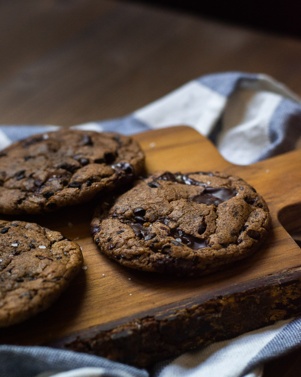 Coffee cookies with pools of dark chocolate.