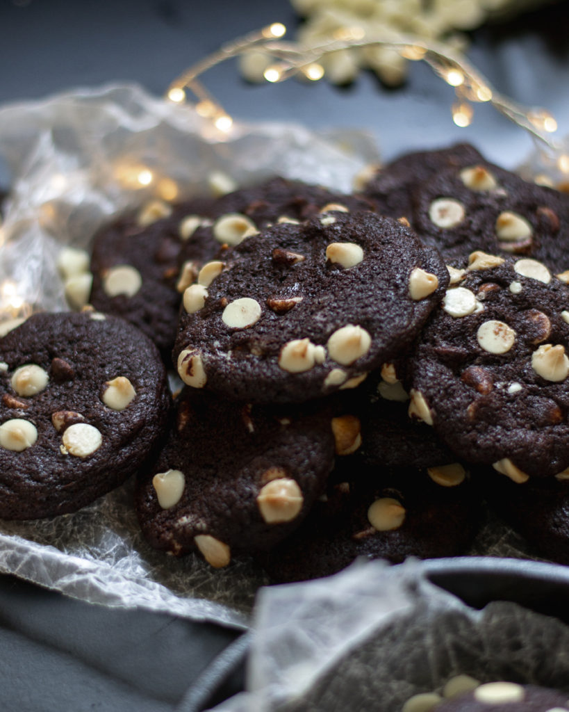 dark as night chocolate cookies with white chocolate chips