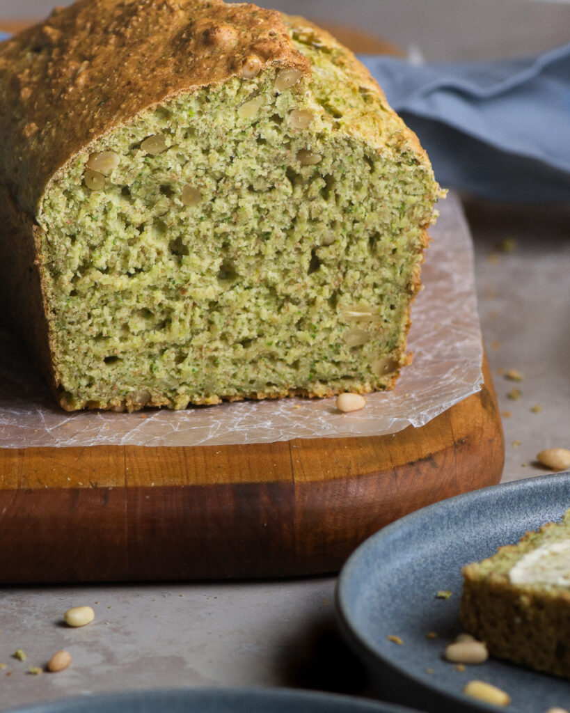A loaf of easy blender zucchini bread.