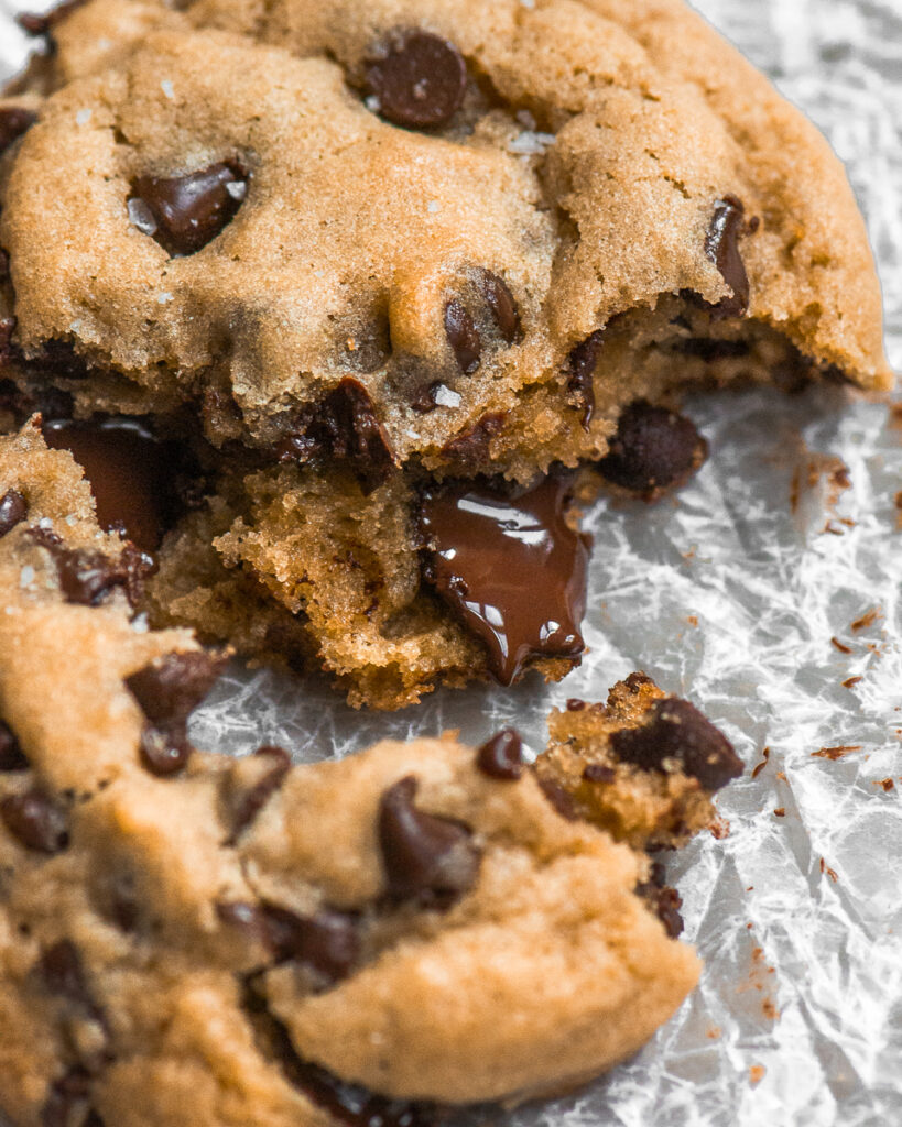 close up of melty small batch chocolate chip cookie