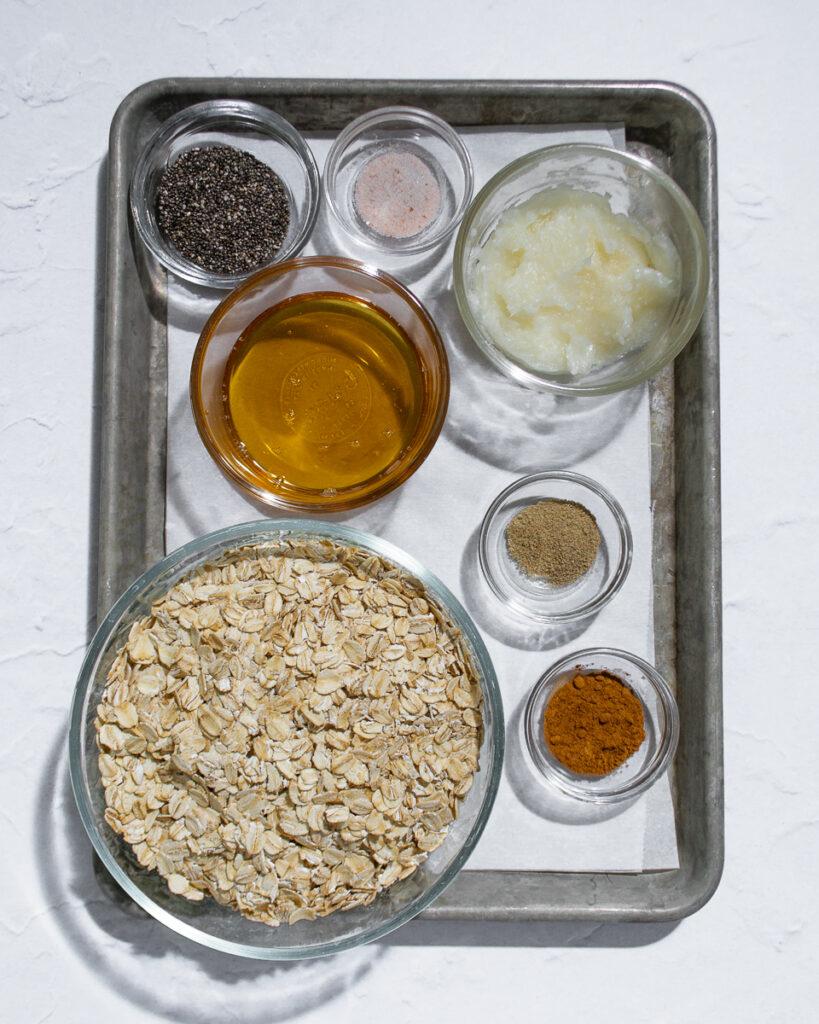 Granola ingredients measured out and ready to be used in a recipe.