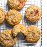 Jammy strawberry brown sugar cookies, made with strawberry preserves and cooling to the perfect soft and chewy texture.