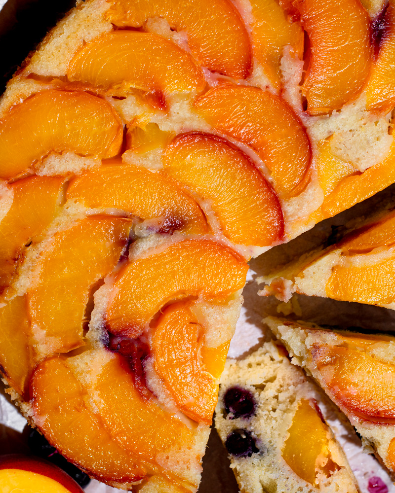 Bright and colorful ripe peaches are perfect for this blueberry peach-upside down cake!