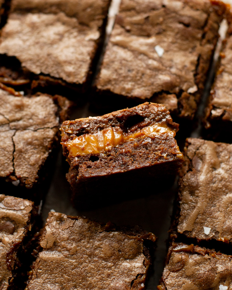 Salty and gooey dulce de leche makes the perfect brownie center.