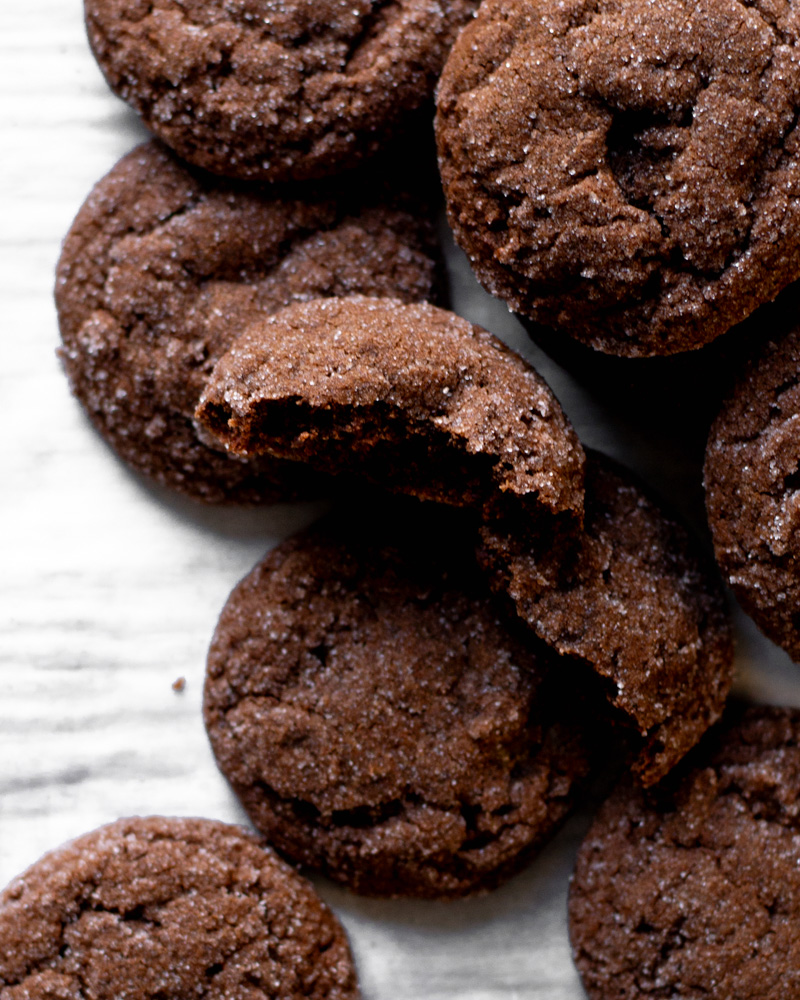 Sugar-rolled chocolate sugar cookies with fudgy centers.