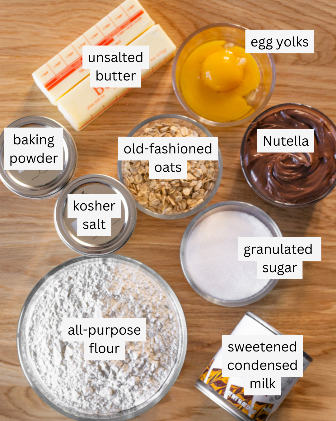 Ingredients for Nutella crumble bars.