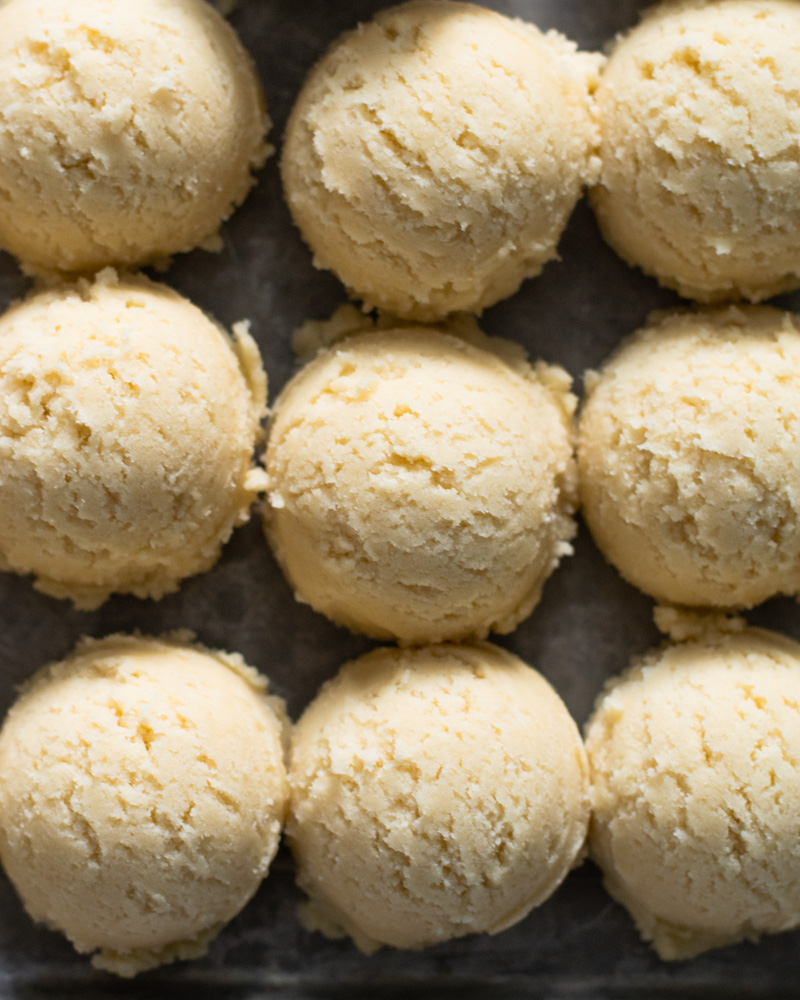 Fresh drop style no chill sugar cookie dough, ready to go into the oven. A quick and easy cookie recipe.