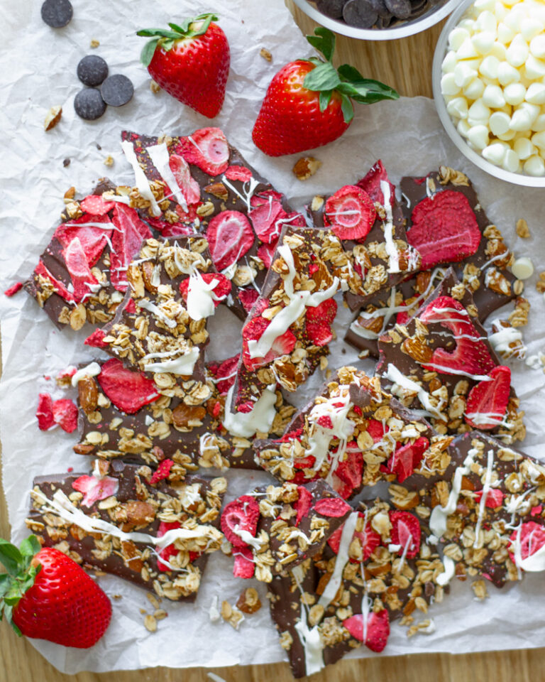 Pieces of strawberry chocolate bark. The perfect Valentine's day recipe or for sharing with friends!