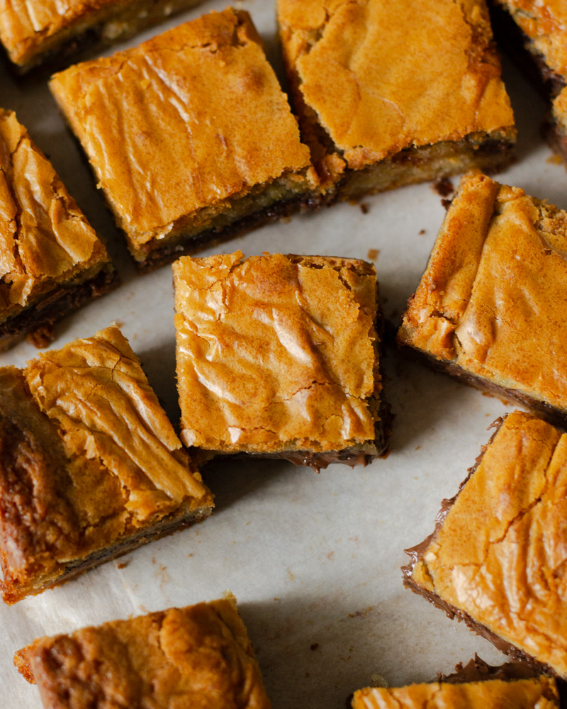 Golden brown malted Nutella blondies, fresh from the oven.