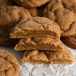 Soft and gooey centers of pumpkin spice snickerdoodle cookies.