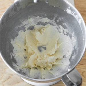 Creamed butter, sugars, and kosher salt for broiled cinnamon shortbreads.