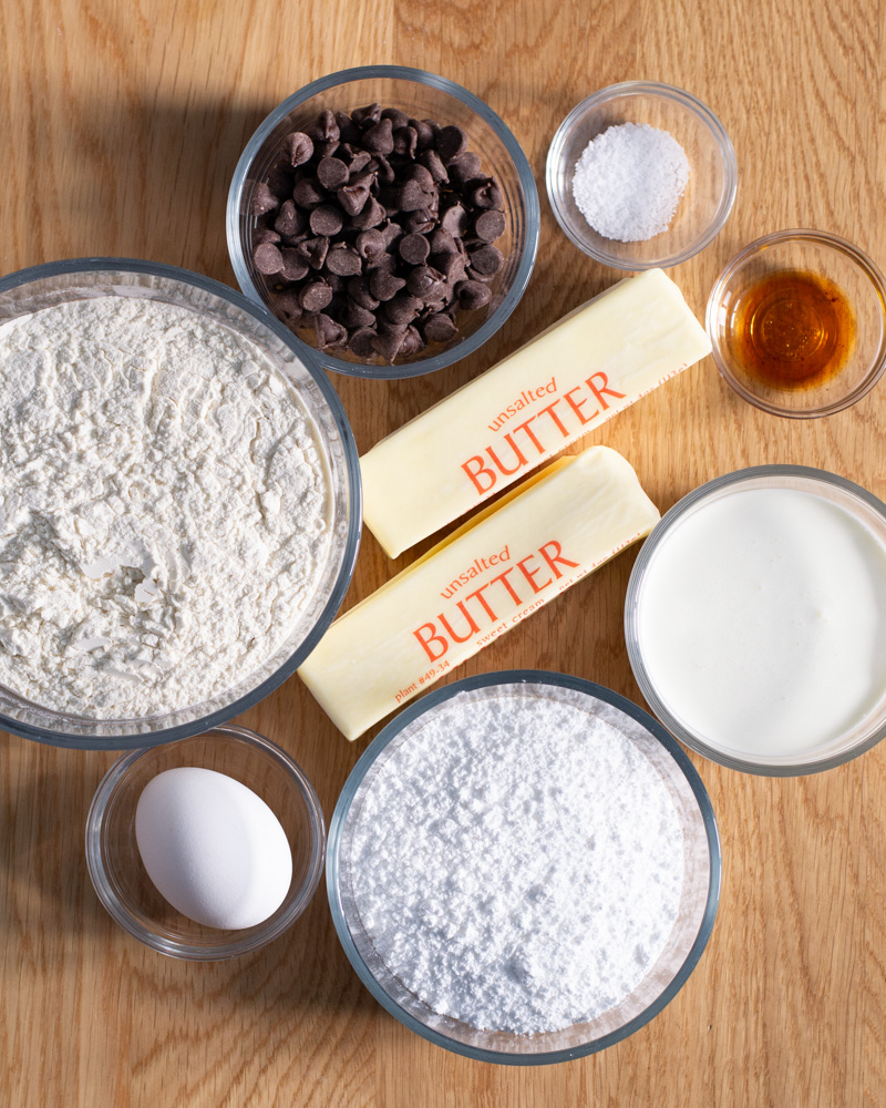 Measured ingredients for chocolate ganache vanilla thumbprint cookies.