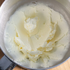 Dough for chocolate ganache vanilla thumbprint cookies before adding the eggs and vanilla.