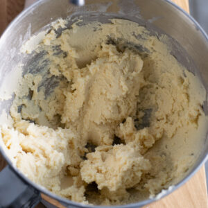 Vanilla thumbprint dough after adding the unbleached all-purpose flour.